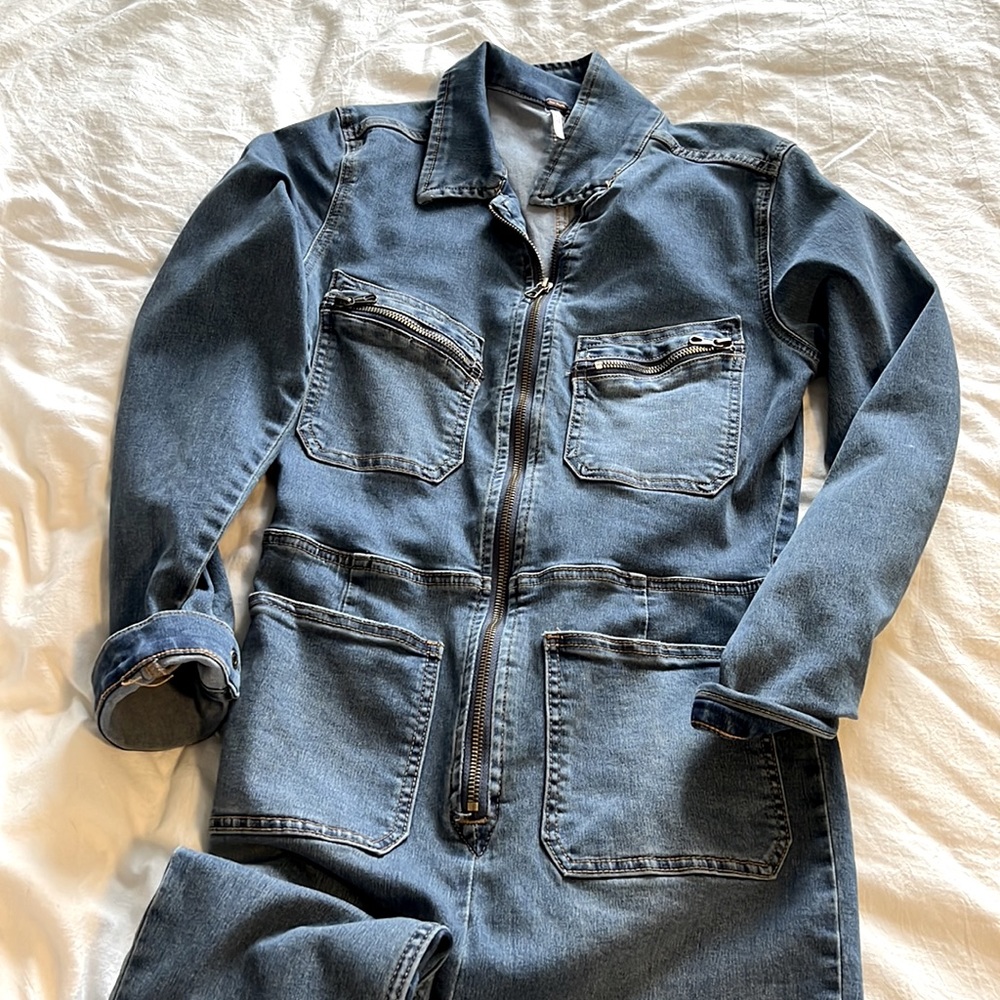 Free people blue denim jumpsuit